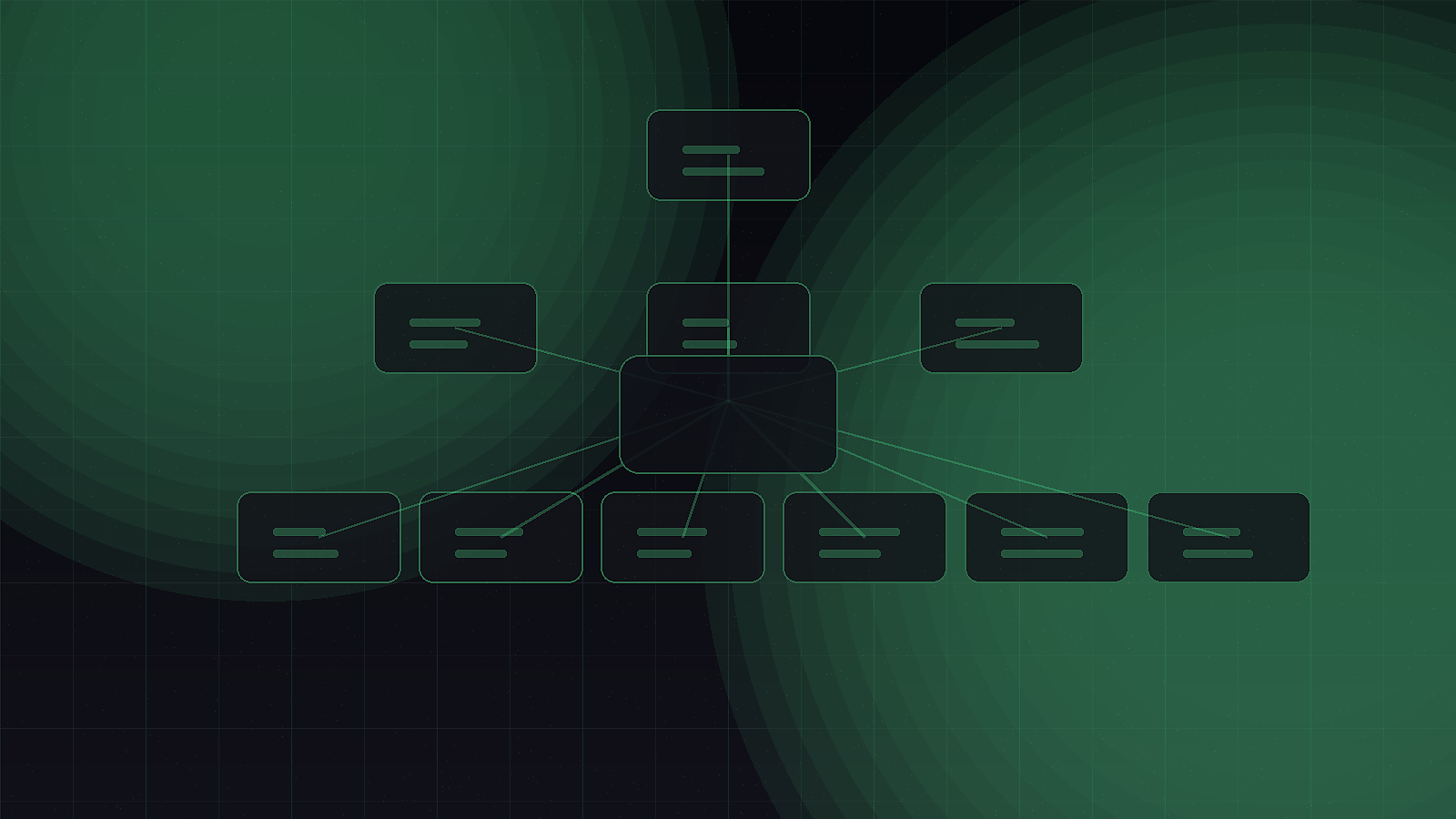 Org-board of specialist seats connected through a command routing spine.