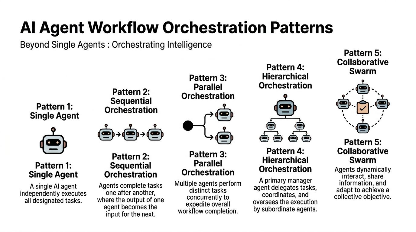 Orchestration patterns: single agent, manager-worker, and peer network layouts for AI agent workflows.