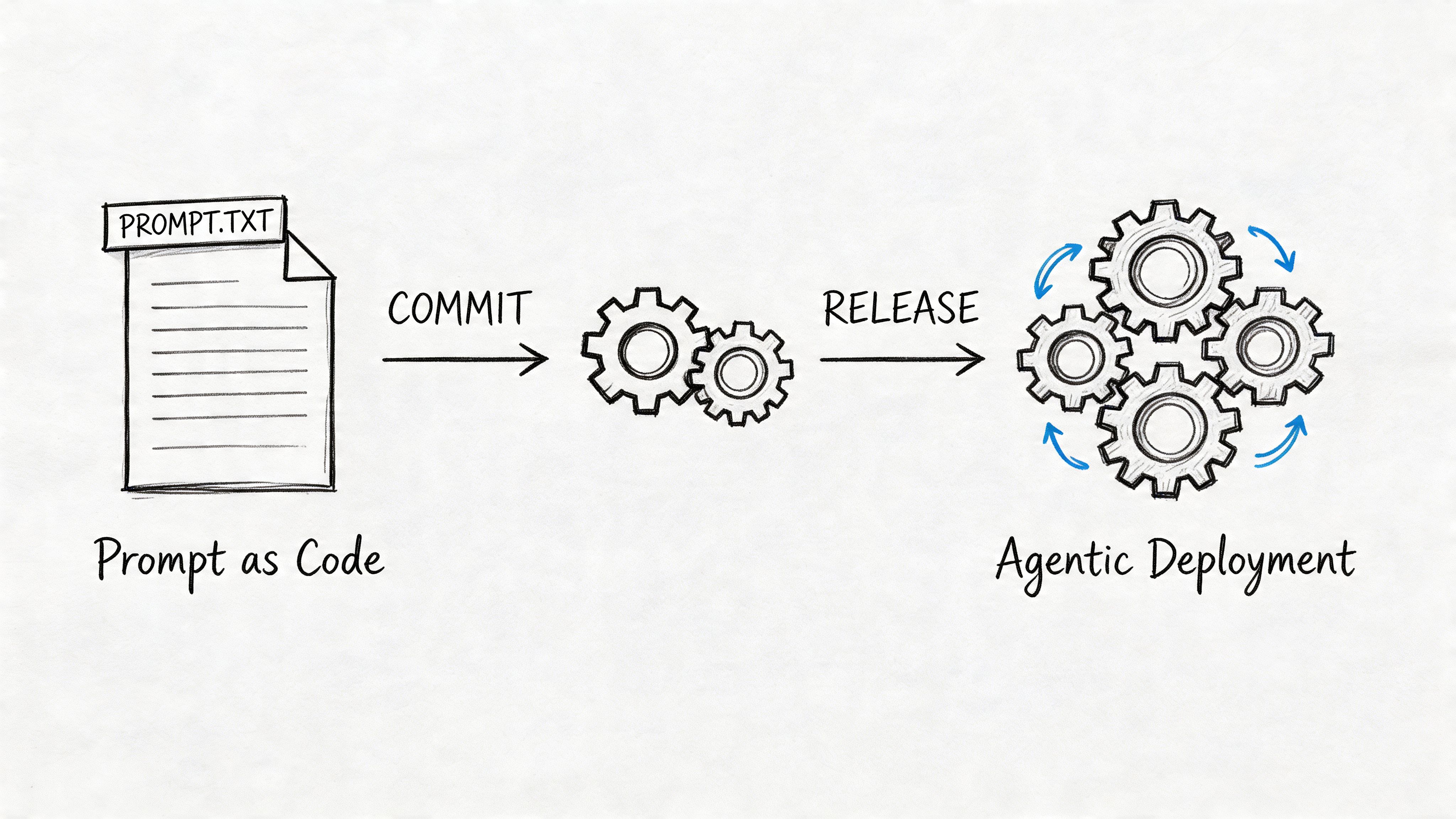 Flowchart showing a prompt file being committed and released into an agentic deployment system.