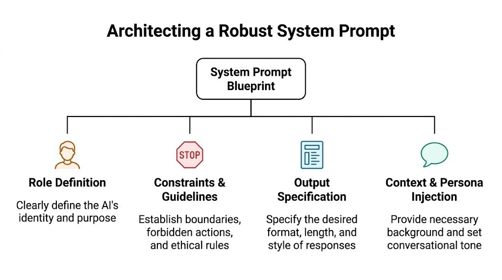 Blueprint for architecting a practical AI system prompt with four essential components.