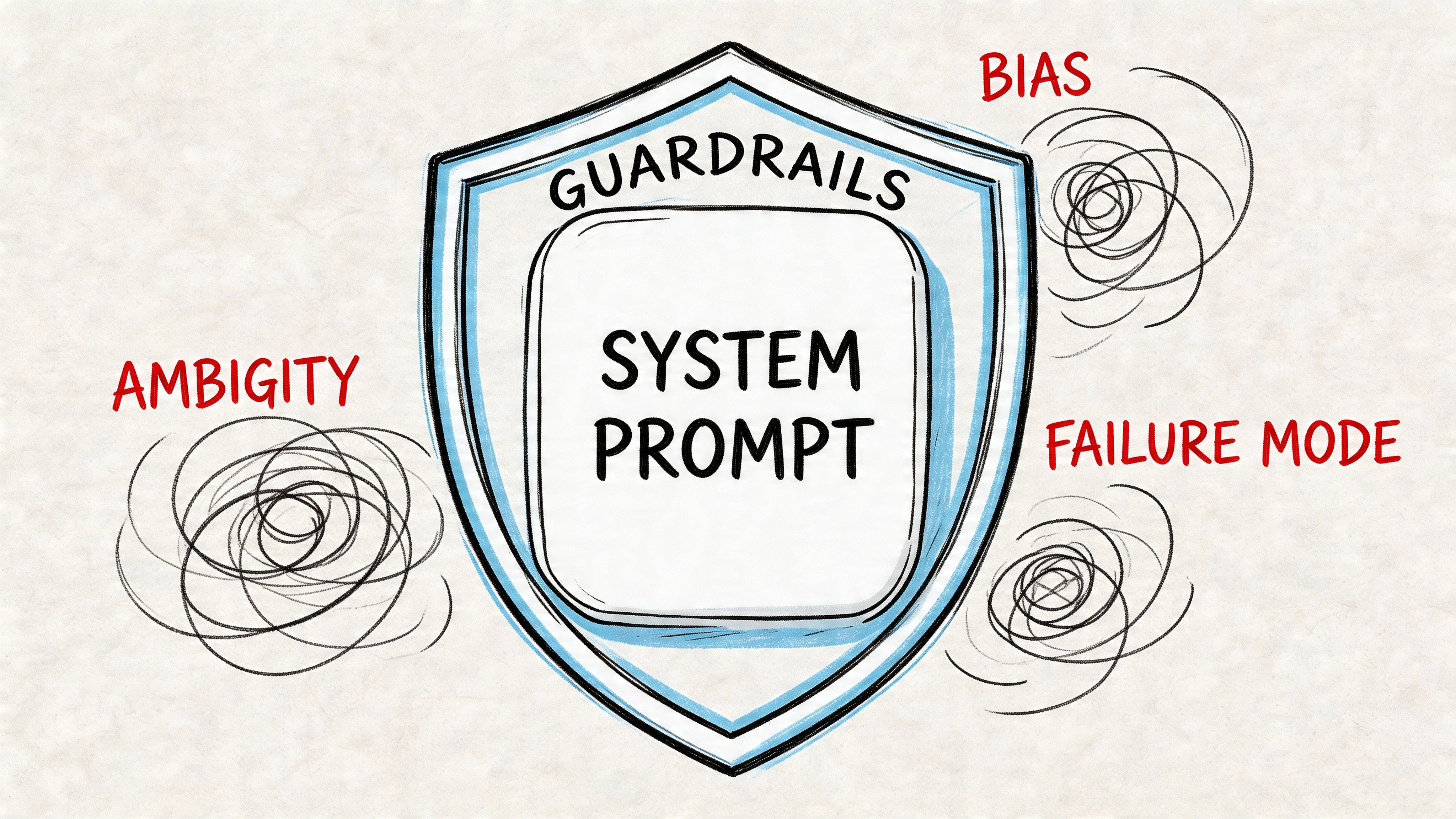 Conceptual diagram showing guardrails protecting a system prompt from bias, ambiguity, and failure modes.