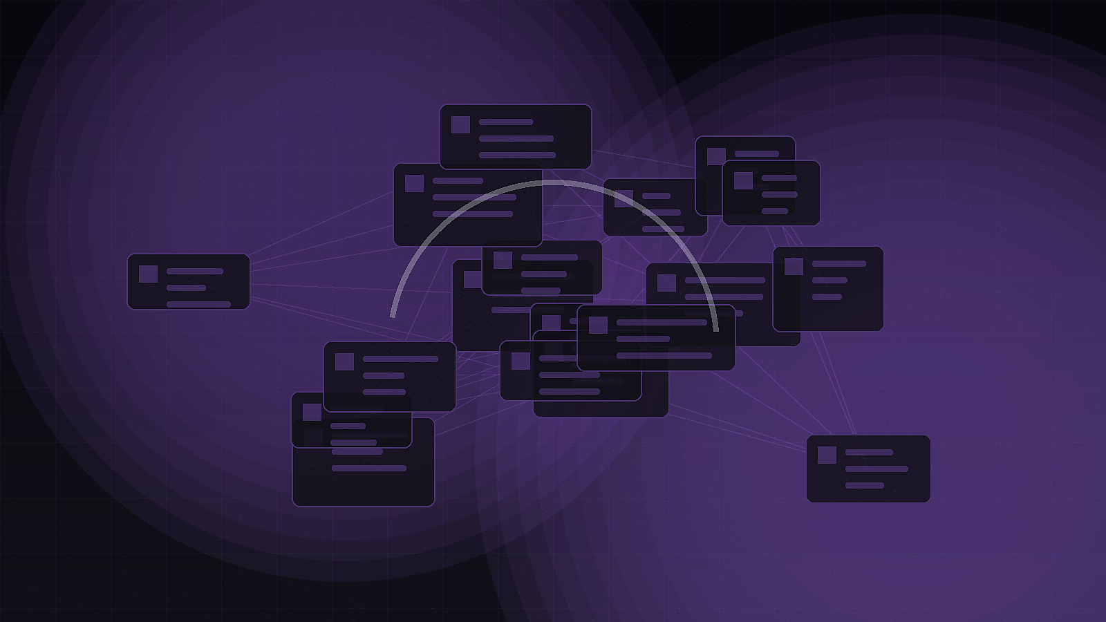 Basalt knowledge vault with markdown cards connected by purple-white note threads.