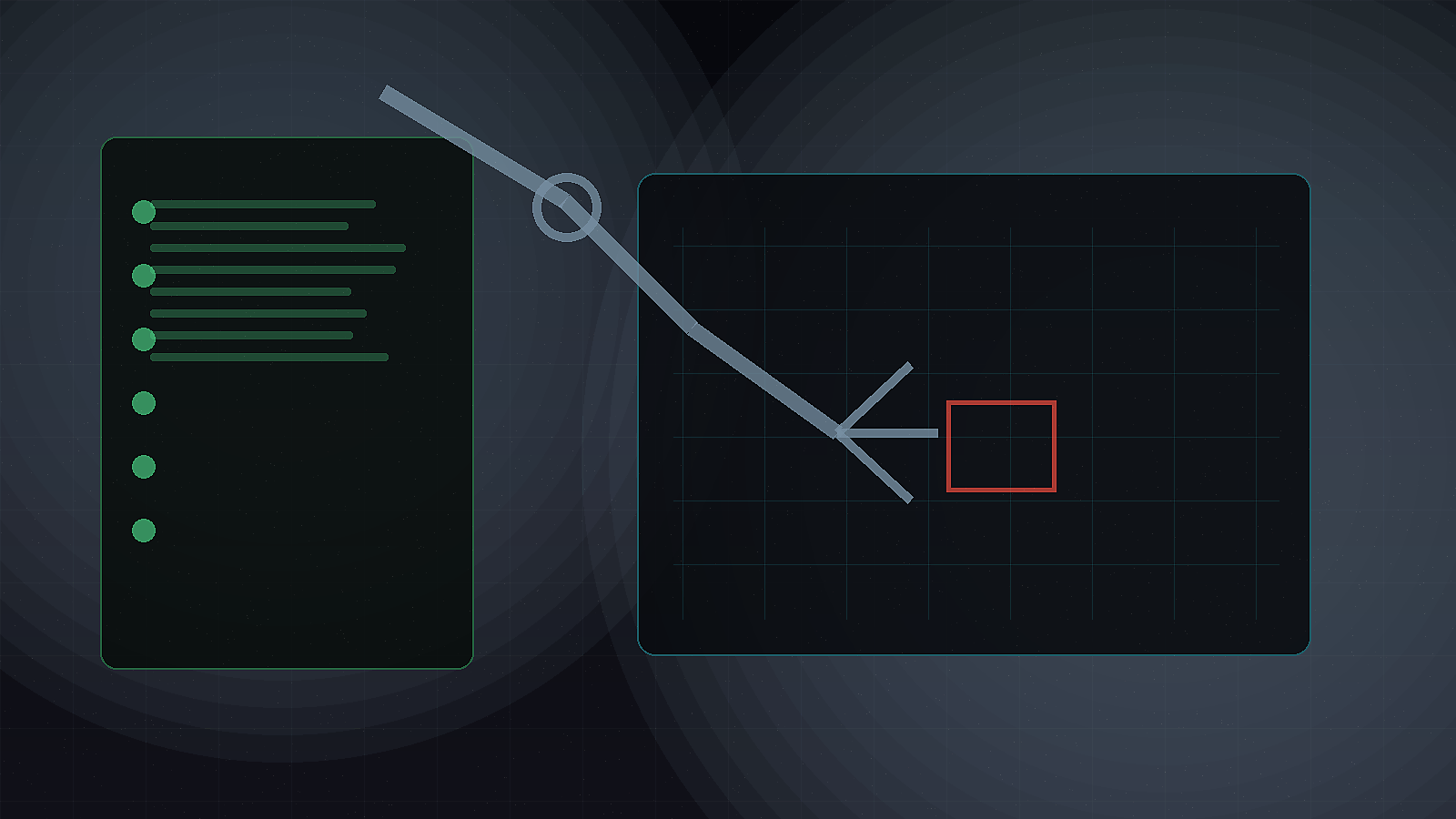 Precision mechanical claw hovering over a browser workspace and cursor targeting grid.